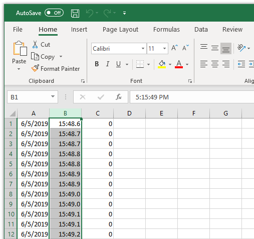 CSV file opened in Excel, date, time (not formatted correctly) and weight