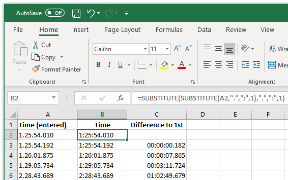 Excel time with milliseconds entered with dot
