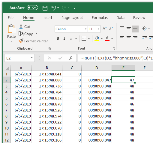 Milliseconds extracted from time in Excel