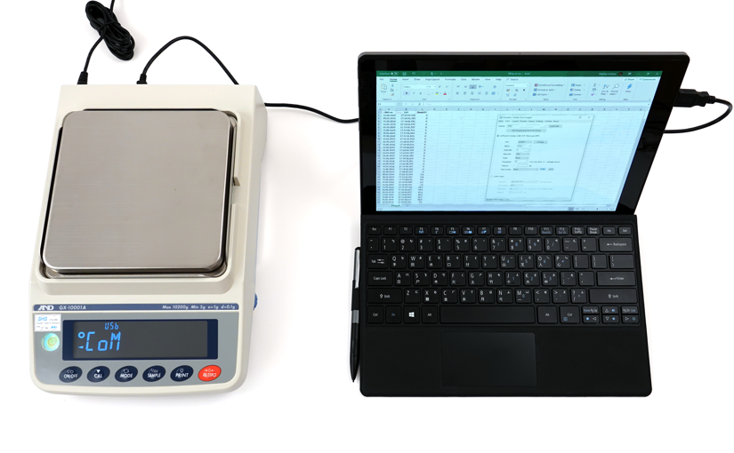 GX-10001A precision scale connected to laptop with Excel and Simple Data Logger