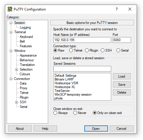 PuTTY raw tcp connection